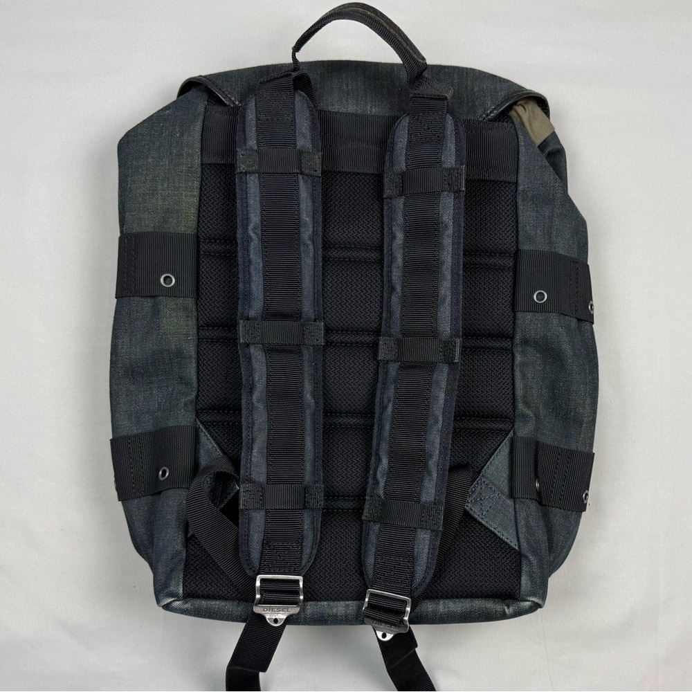 Diesel Waxed Denim De Breaking Backpack Dark Blue/Black Metal Buckles - Picture 2 of 13